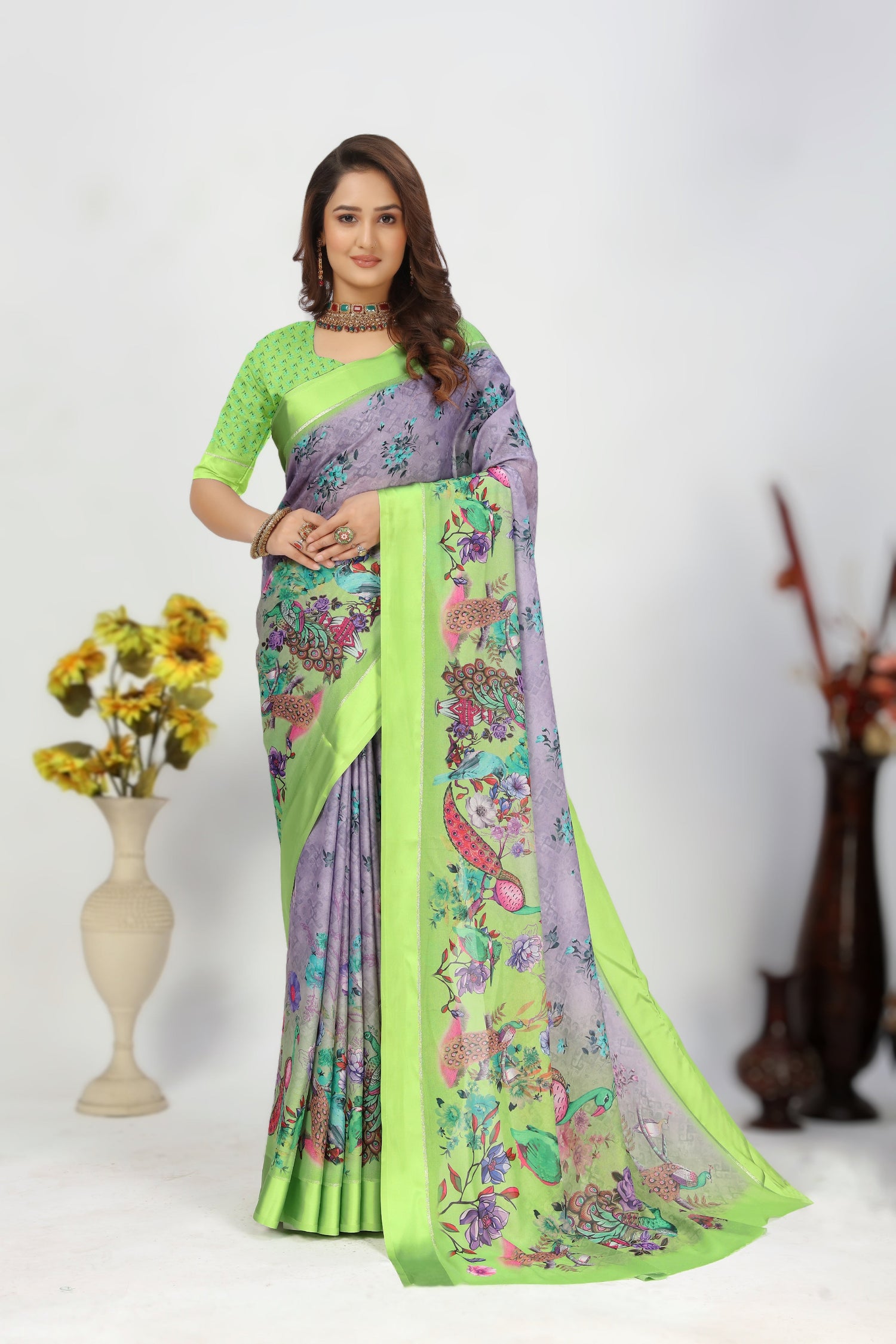 Elegant Printed Function Saree In Lavender Color