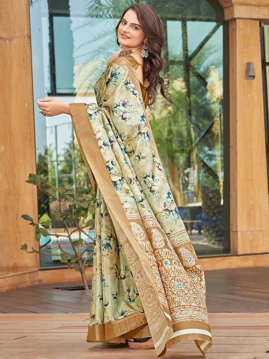Graceful Brown Art Silk Saree Soft Pattu Print For Ceremonial Occasions