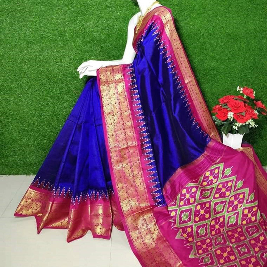 Zari Kanchi Border Plain Blue Saree With Patola Design Blouse