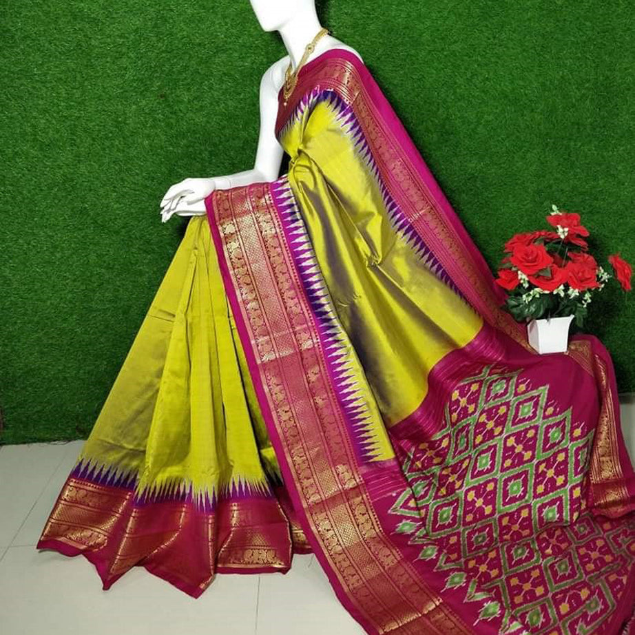 Mehendi Green Zari Kanchi Border Plain Saree With Patola Design Blouse