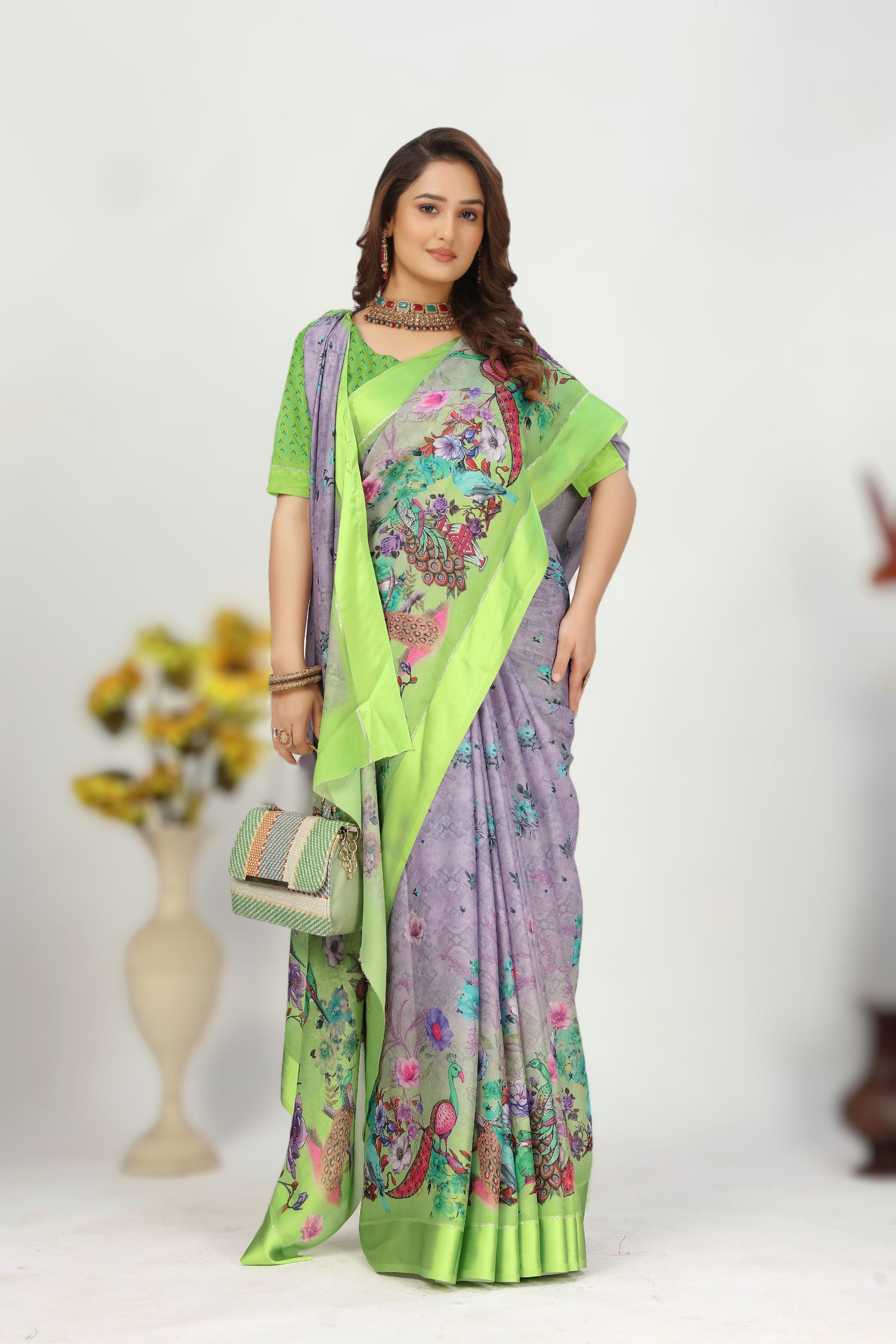 Elegant Printed Function Saree In Lavender Color