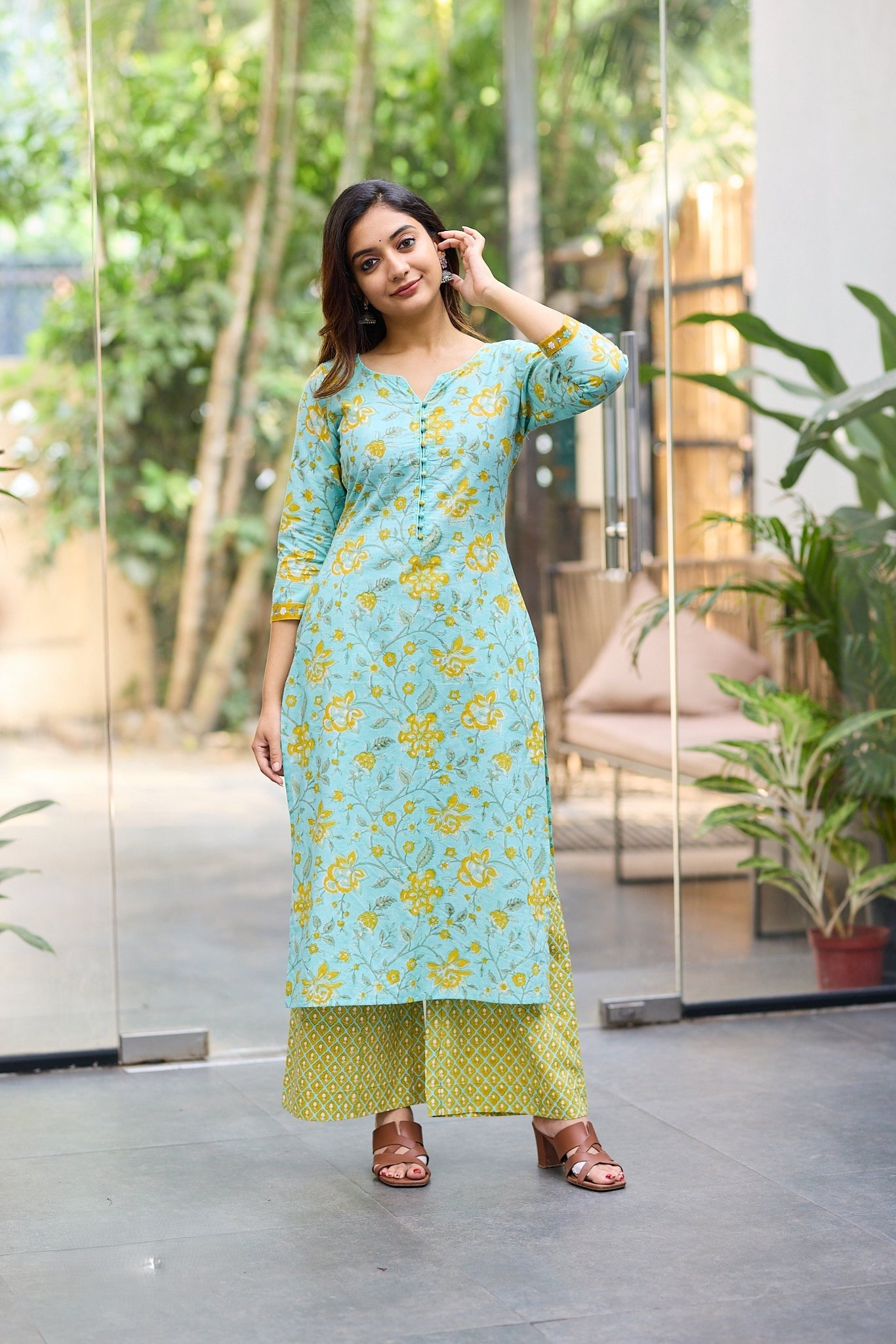 Aqua Bloom Floral Block Print Co-ord Set | Back Corset Lacing | Round Neck Full Sleeve
