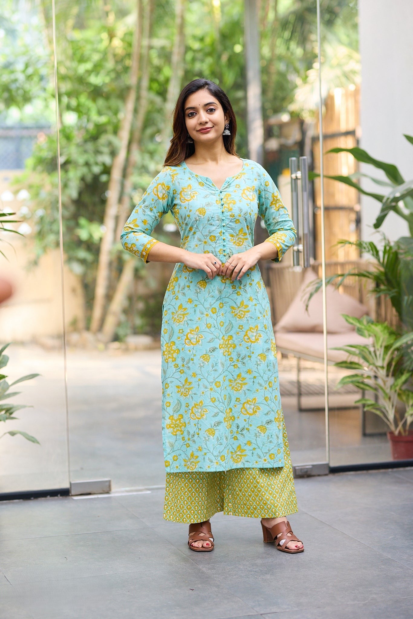 Aqua Bloom Floral Block Print Co-ord Set | Back Corset Lacing | Round Neck Full Sleeve