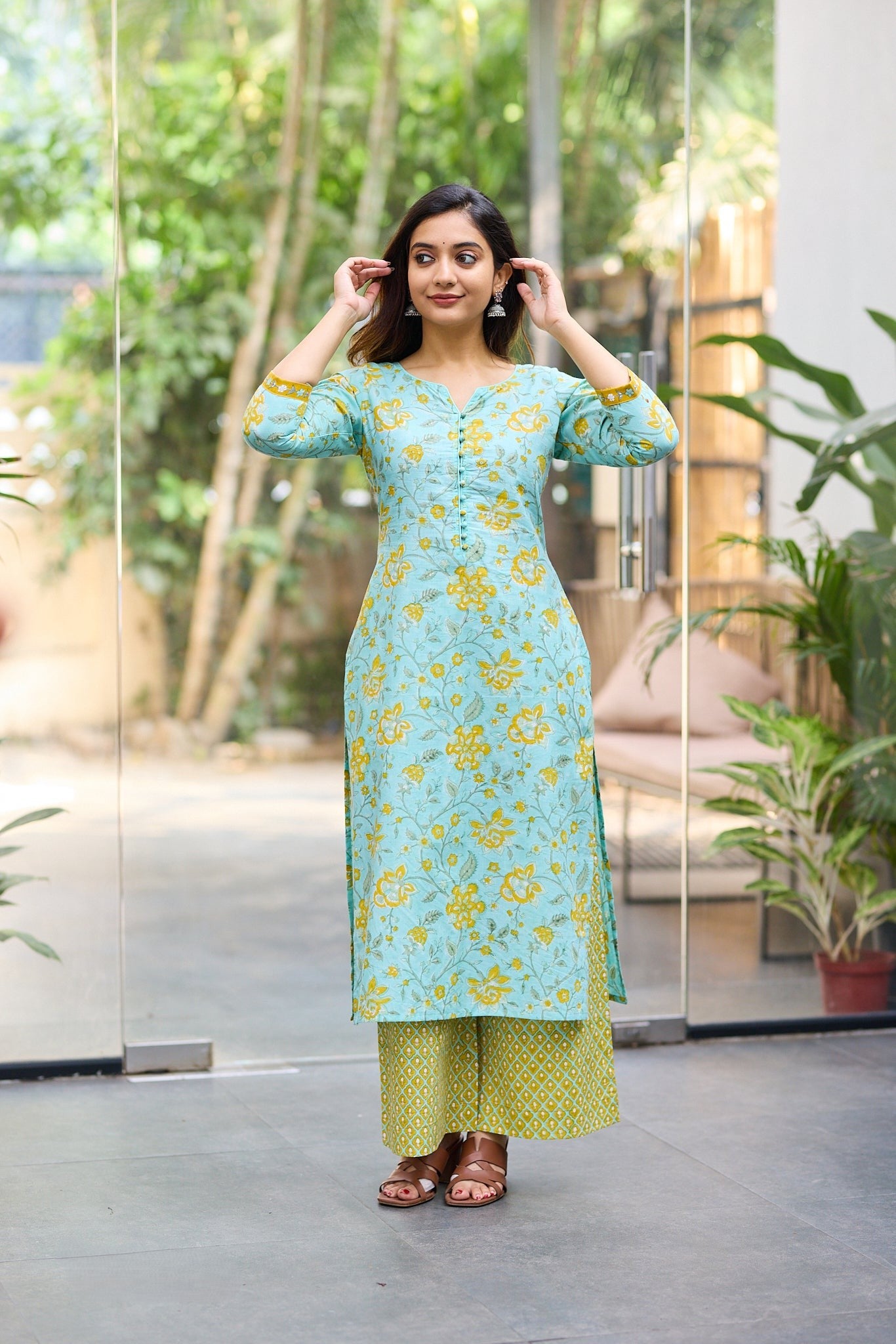Aqua Bloom Floral Block Print Co-ord Set | Back Corset Lacing | Round Neck Full Sleeve