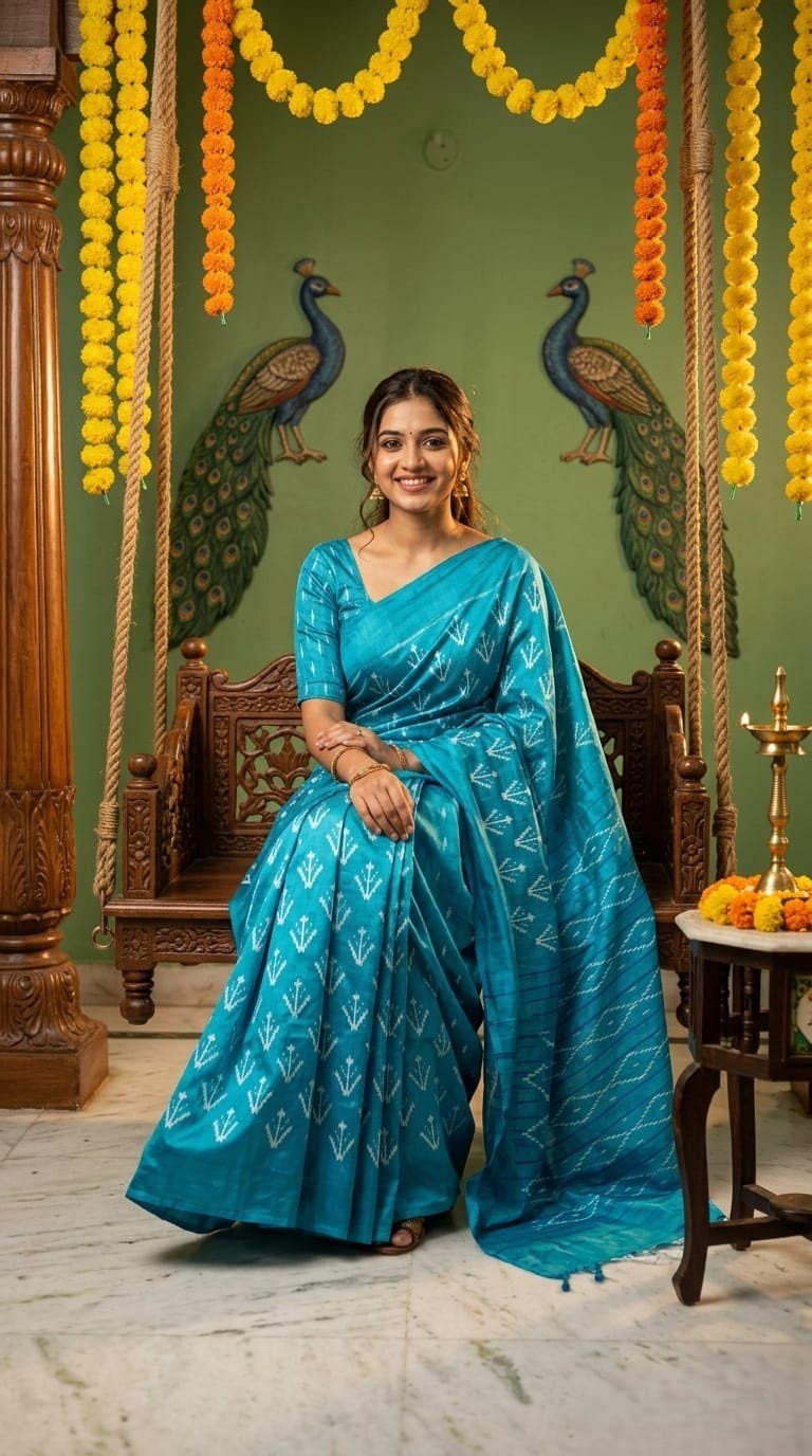 Turquoise Blue Barista Soft Silks Saree with Rich Traditional Print