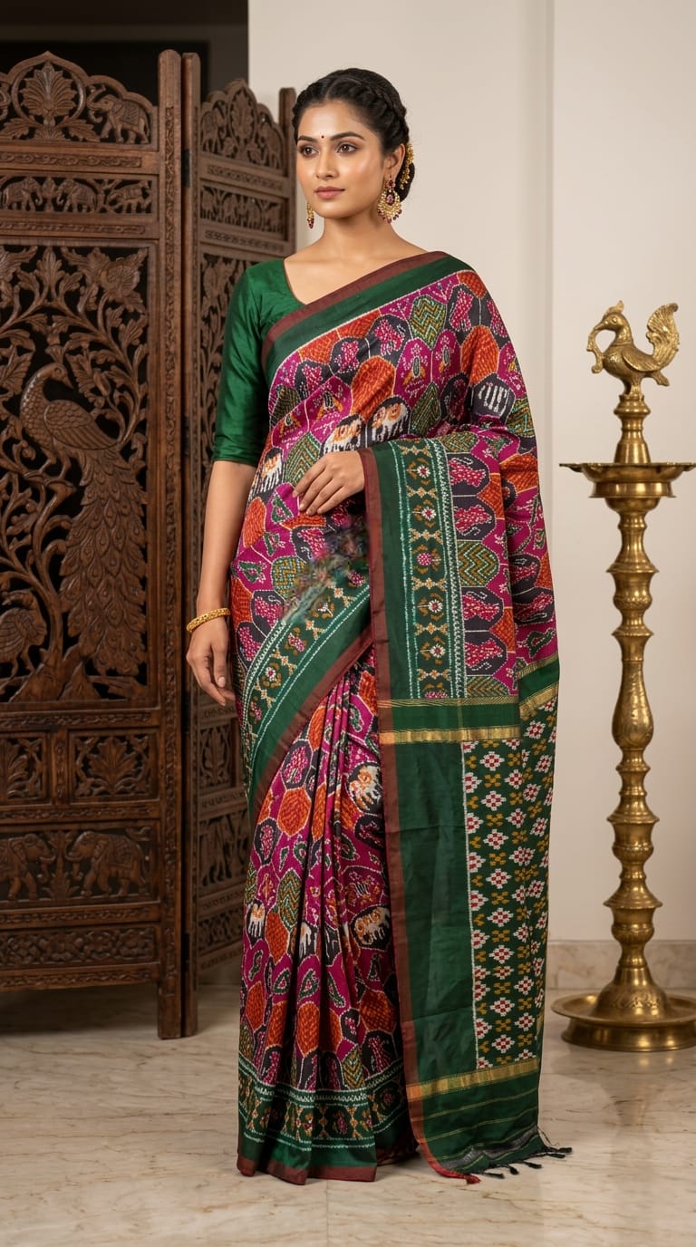 Multicolor Barista Soft Silks Saree with Green Traditional Printed Pallu