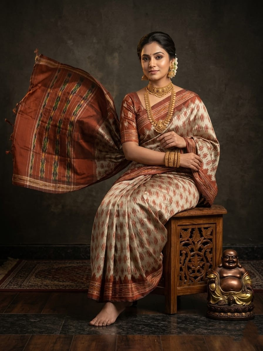 Beige Barista Soft Silks Saree with Brown Traditional Woven Border