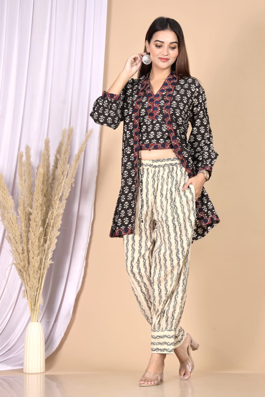 Beige Cream Printed 3-Piece Choli Shrug & Pant Set