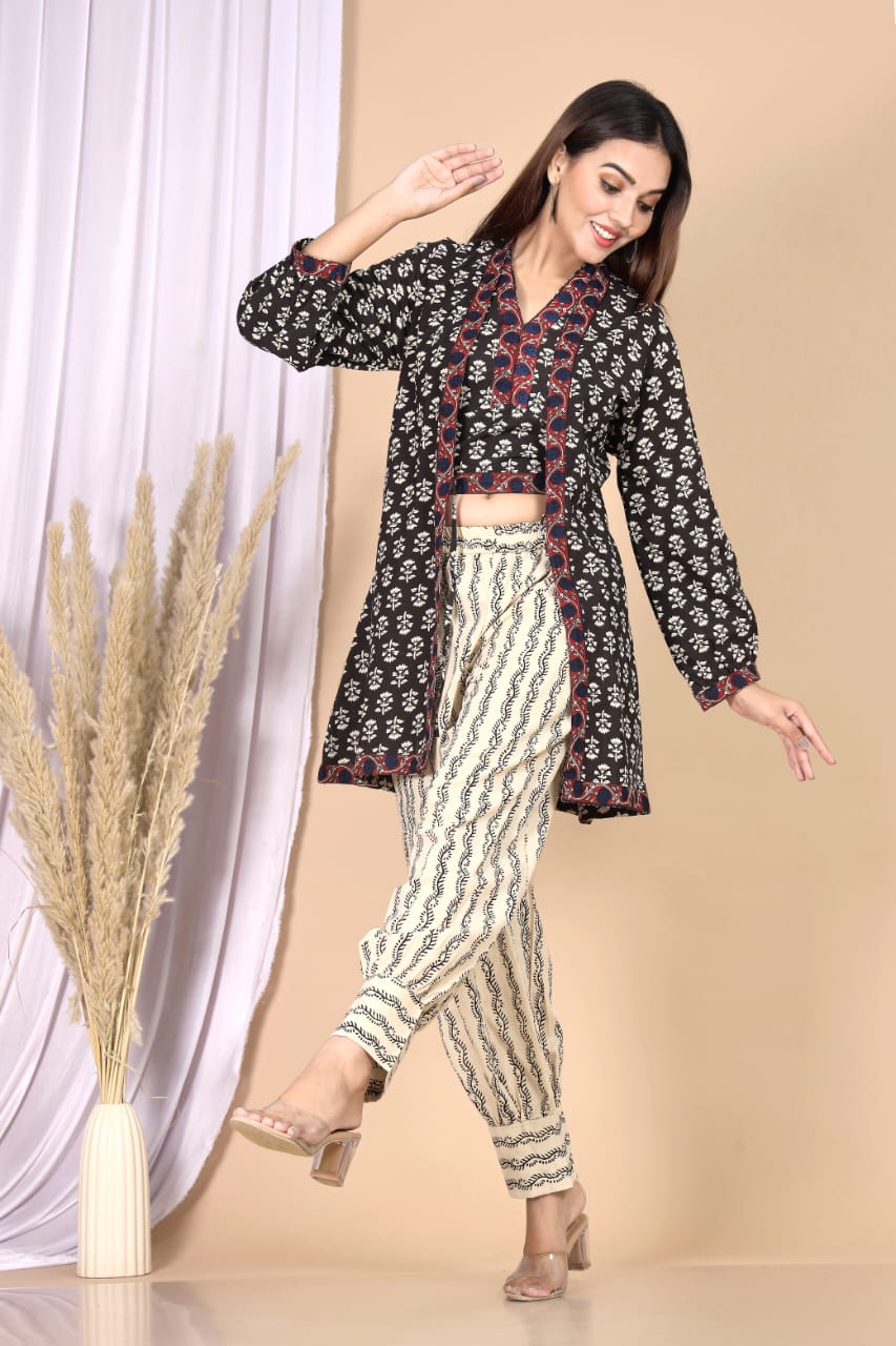 Beige Cream Printed 3-Piece Choli Shrug & Pant Set