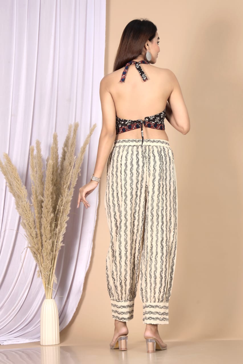 Beige Cream Printed 3-Piece Choli Shrug & Pant Set