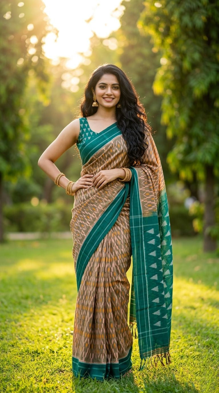 Beige and Teal Buta Woven Linen Saree | Premium Handloom Collection