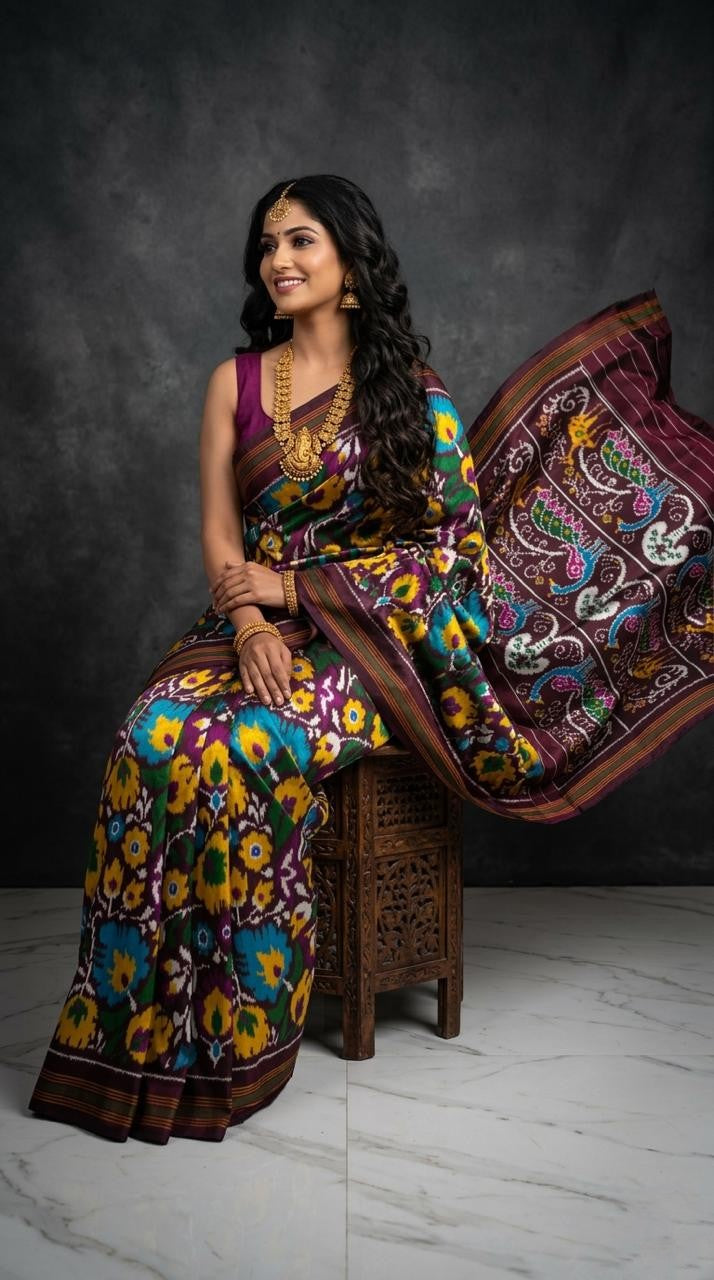 Black Barista Soft Silks Saree with Multicolor Traditional Floral Print