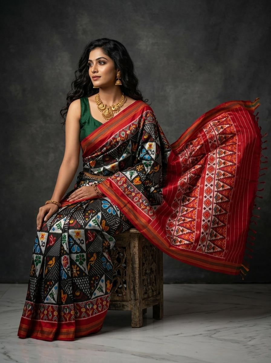 Black Barista Soft Silks Saree with Red Artistic Geometric Weaving