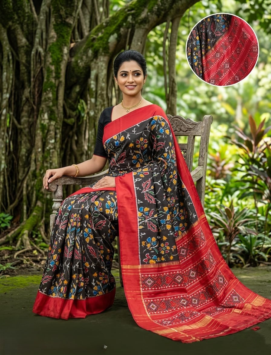 Black Barista Soft Silks Saree with Red Kalamkari Style Printed Pallu
