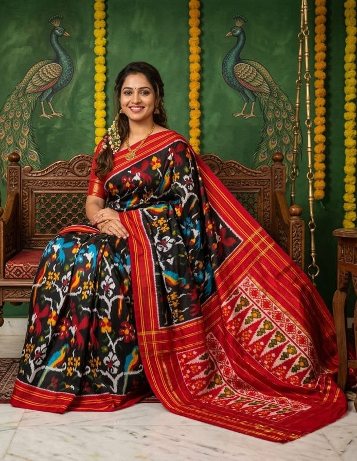 Black Barista Soft Silks Saree with Red Multicolor Floral Print