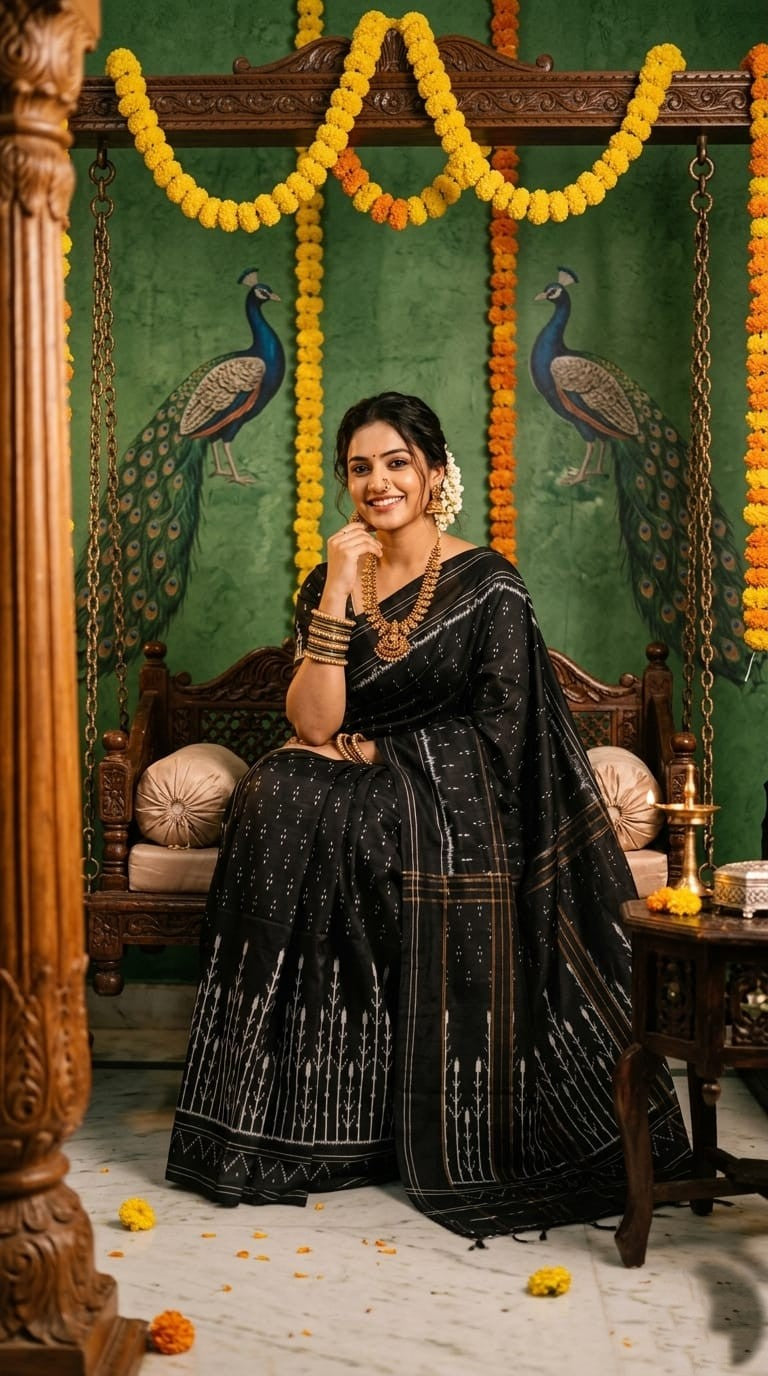 Black Barista Soft Silks Saree with Traditional Ethnic Pattern