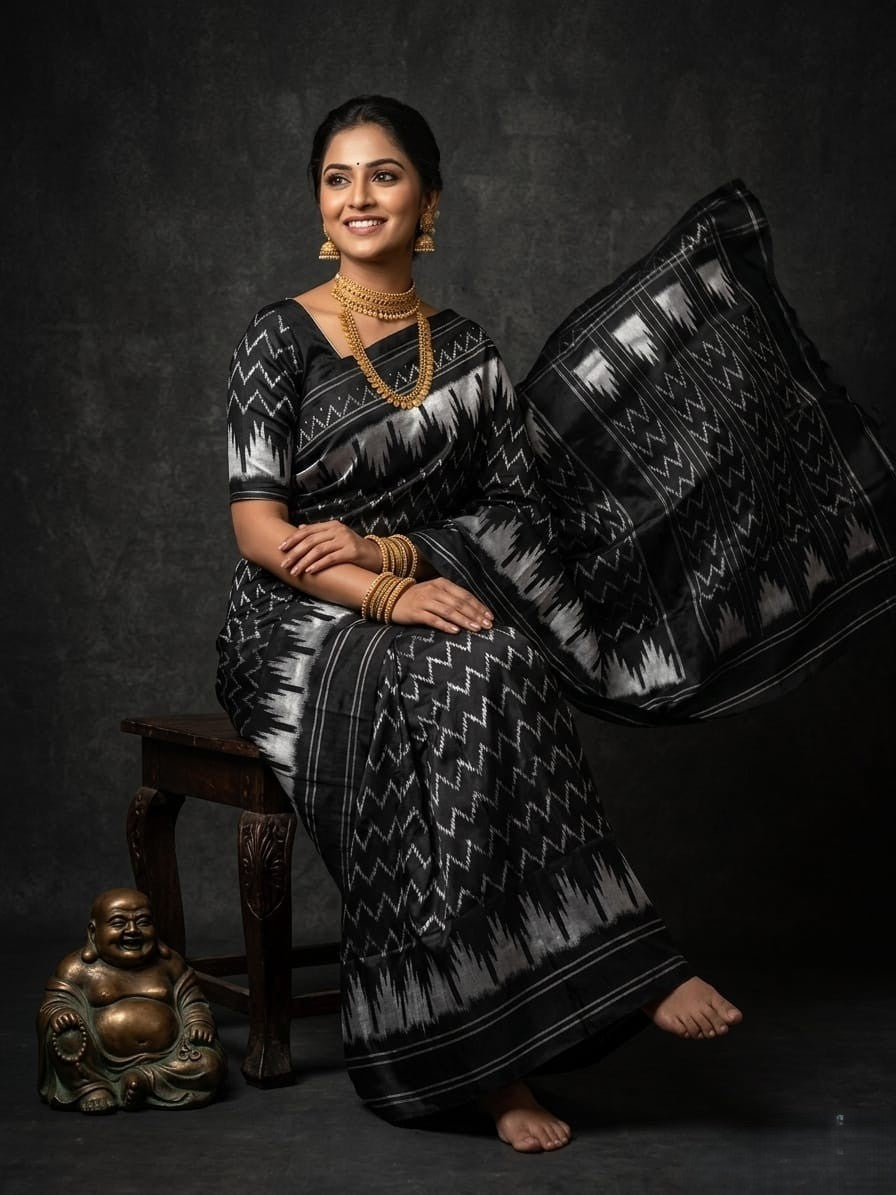 Black Barista Soft Silks Saree with Silver Zigzag Designer Pattern