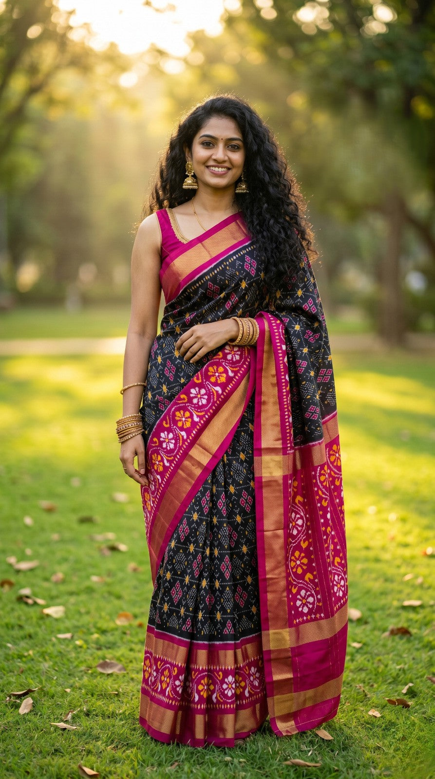 Black Bentex Handloom Silk Saree with Pink Ethnic Designer Border