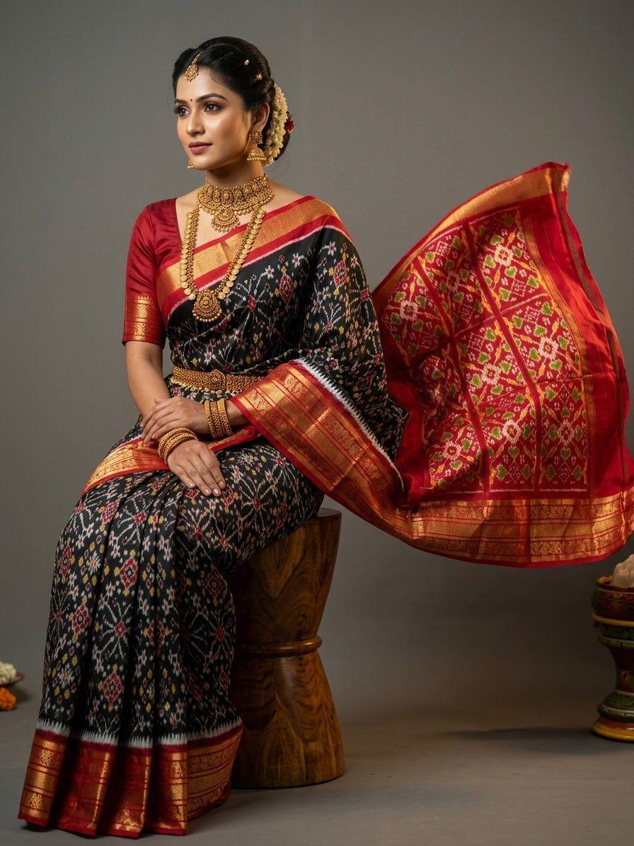 Black Handloom Pattu Silk Saree with Red Luxury Ethnic Pallu