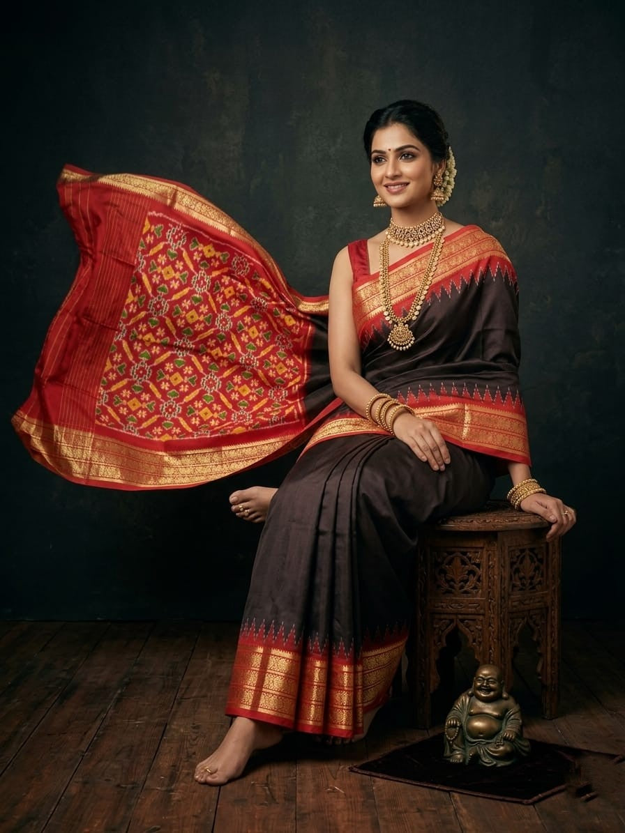 Black Handloom Pattu Silk Saree with Red Traditional Temple Border