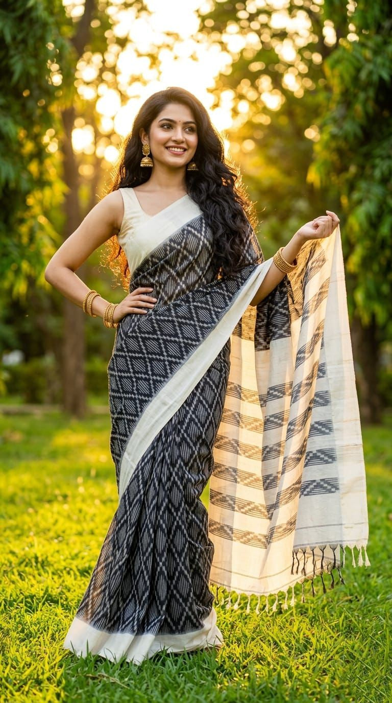 Black Linen Saree with Cream Striped Pallu | Elegant Handloom Drape for Women