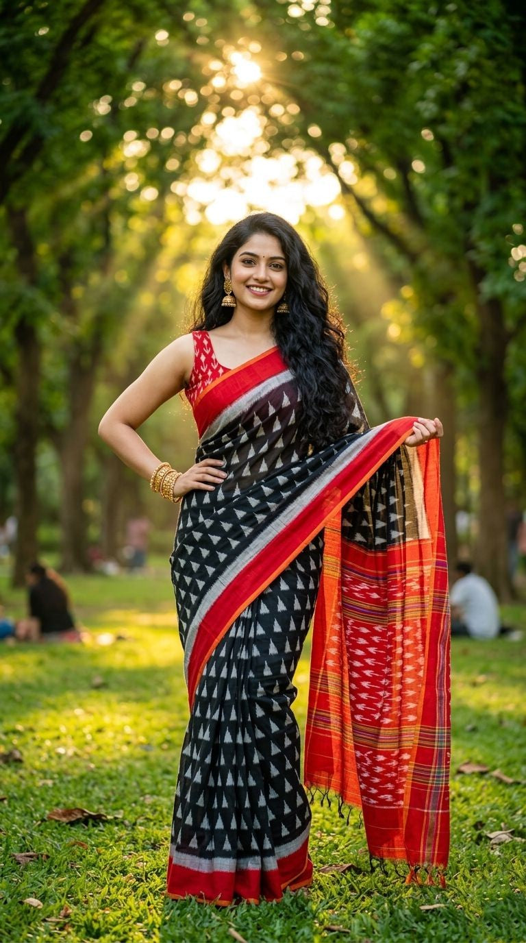Black Linen Saree with Red Zari Border and Buta Print | Casual Party Wear