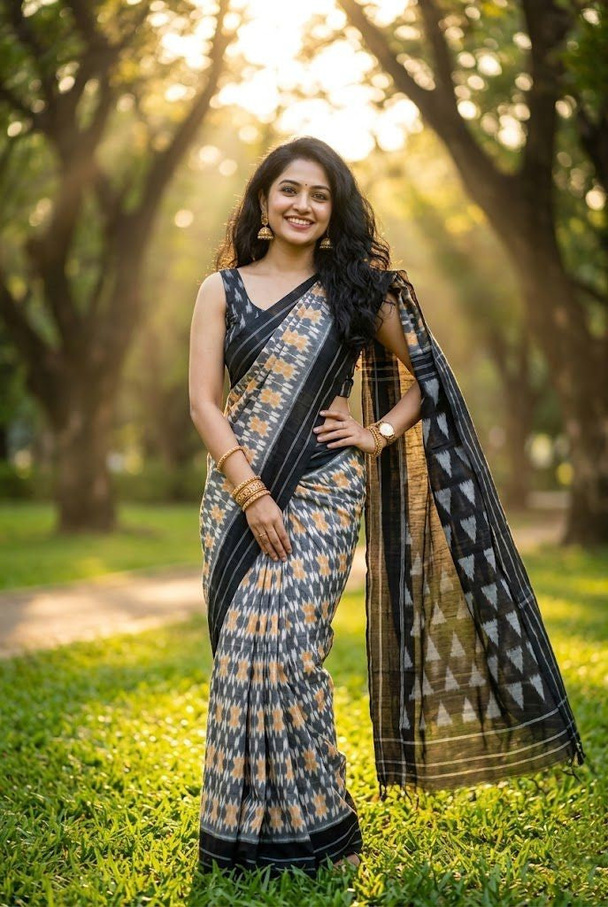 Black Woven Linen Saree with Gold Zari Motifs | Classic Premium Ethnic Drape
