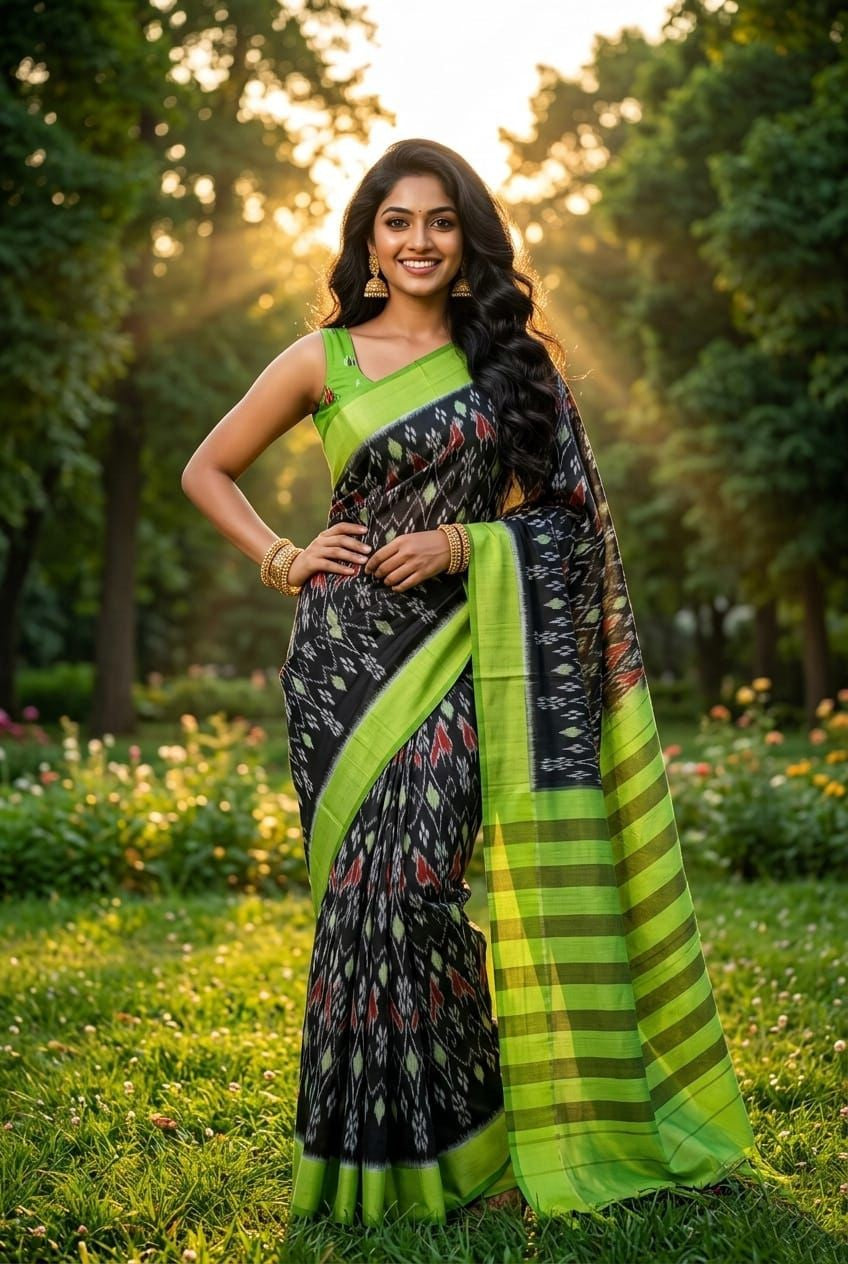 Black and Green Geometric Linen Saree with Striped Pallu | Modern Festive Wear