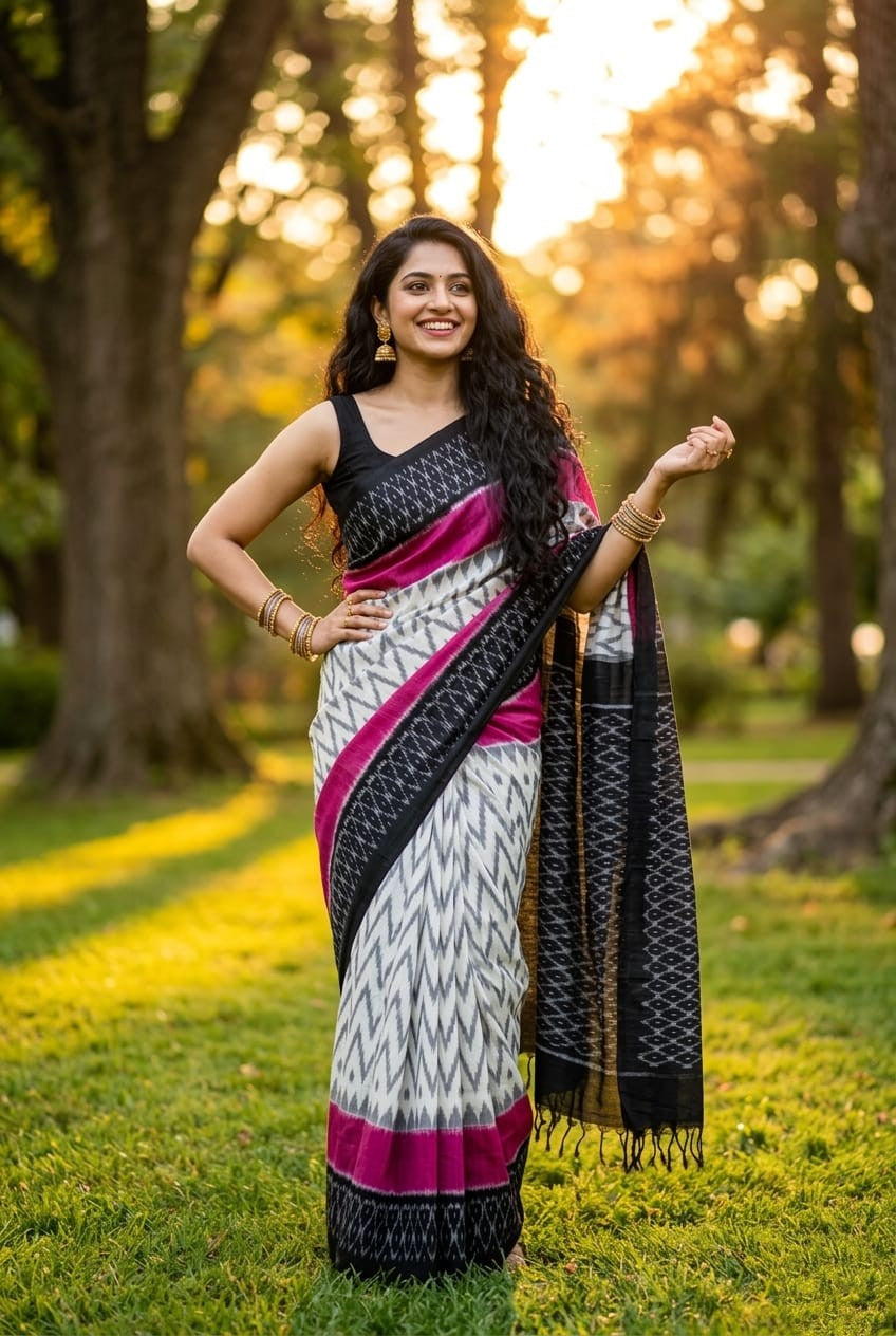 Black and Magenta Pink Linen Saree with Striped Border | Bold Evening Drape
