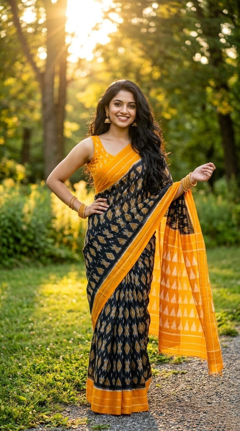 Black and Mustard Yellow Printed Linen Saree with Gold Pallu | Festive Ethnic
