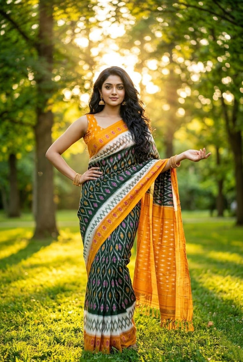 Black and Orange Handloom Linen Saree with Mustard Border | Vibrant Ethnic Wear