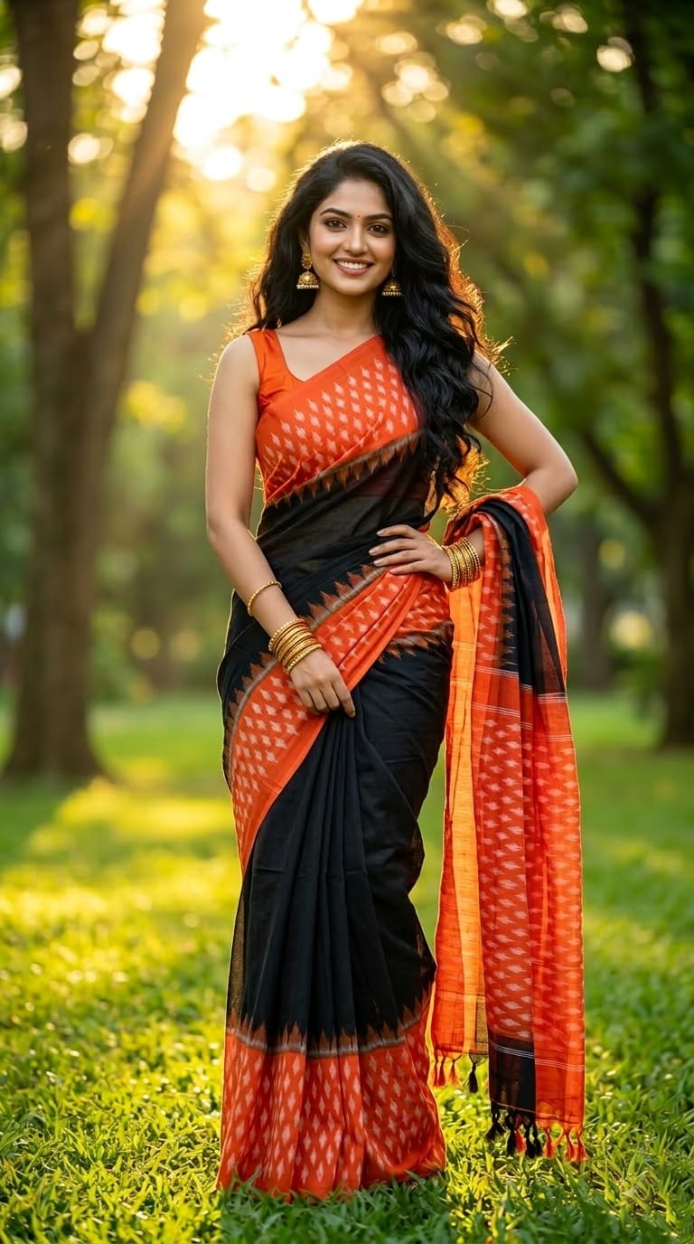 Black and Orange Zari Linen Saree with Fringe Pallu | Festive Wedding Saree