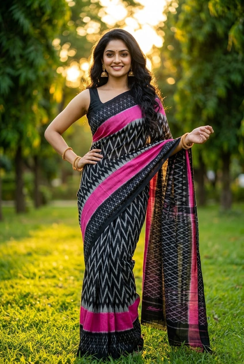 Black and Pink Linen Saree with Woven Ikat Border | Bold Casual Ethnic Wear