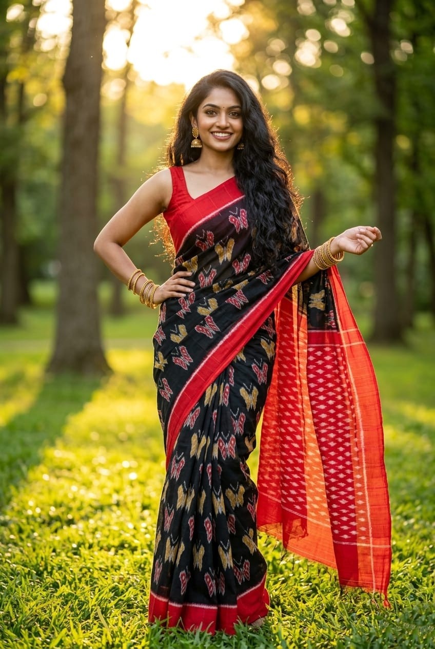 Black and Red Border Linen Saree with Floral Print | Bold Festive Ethnic Wear