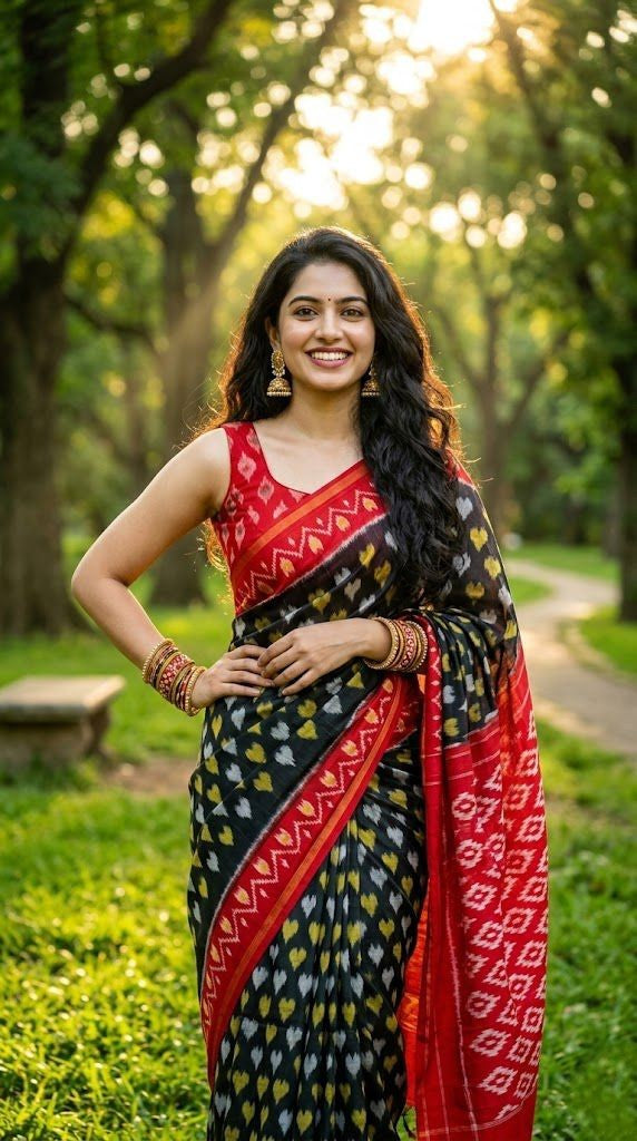 Black and Red Floral Linen Saree with Gold Zari Work | Party Wear Saree