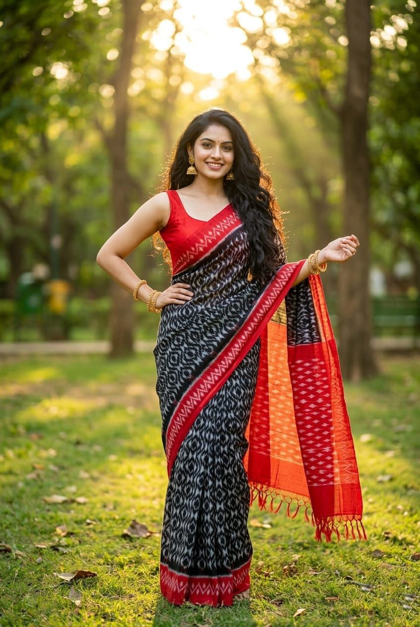 Black and Red Ikat Print Linen Saree with Zari Border | Bold Festive Saree
