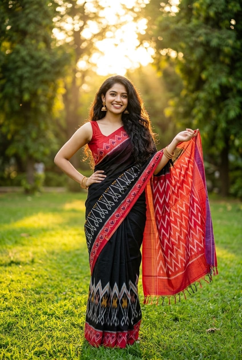 Black and Red Printed Linen Saree with Contrast Pallu | Statement Ethnic Wear