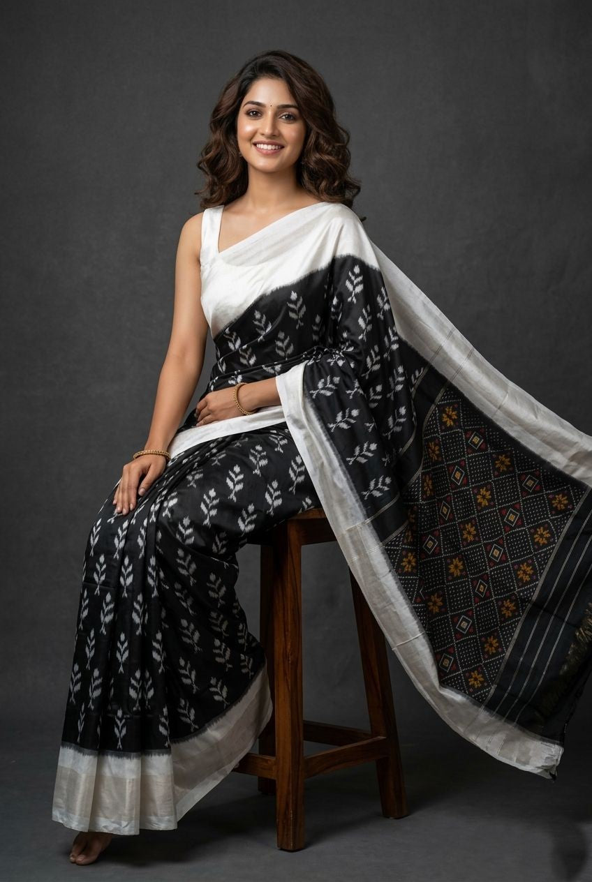 Black and White Barista Soft Silks Saree with Elegant Ethnic Weaving