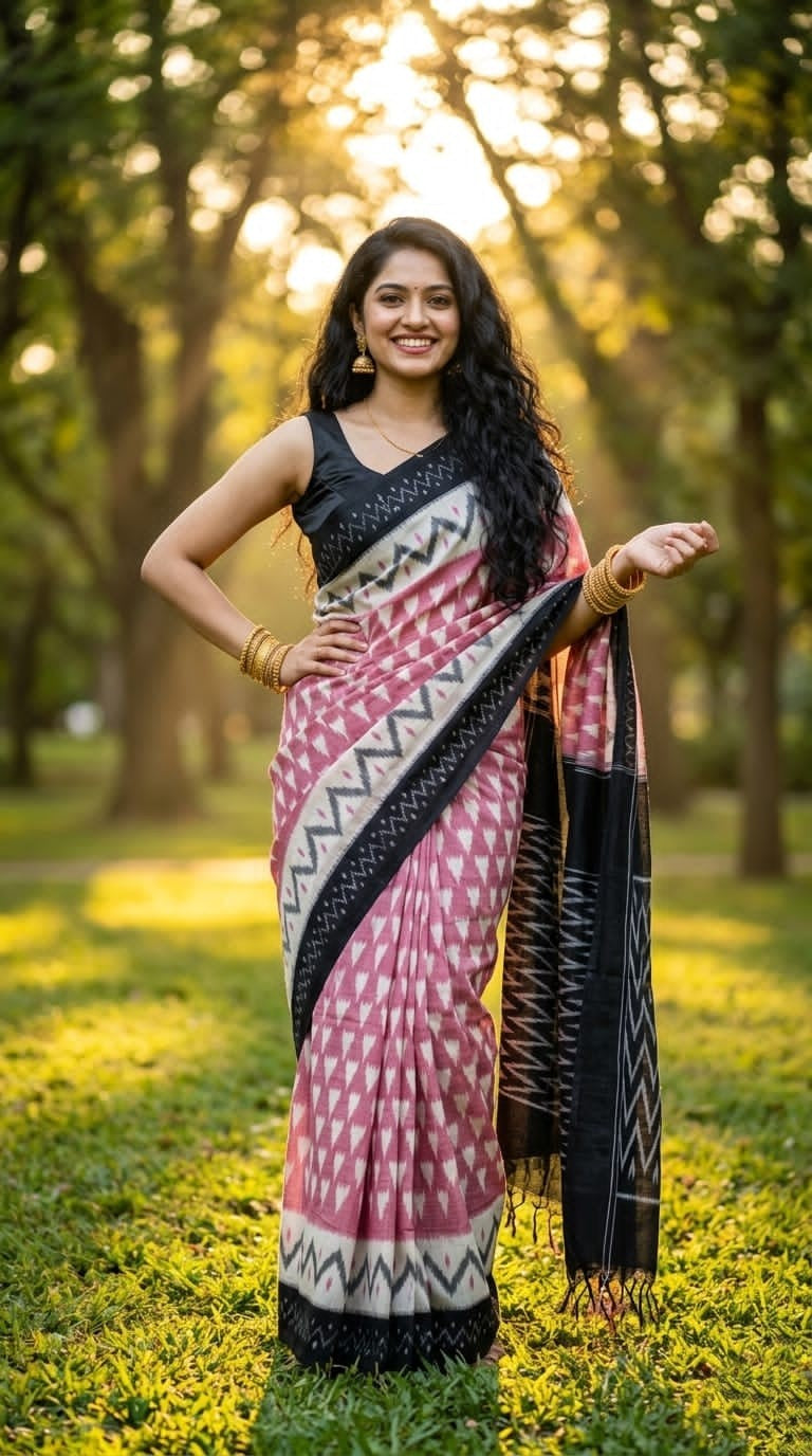 Black and White Buta Linen Saree with Check Pallu | Contemporary Ethnic Wear