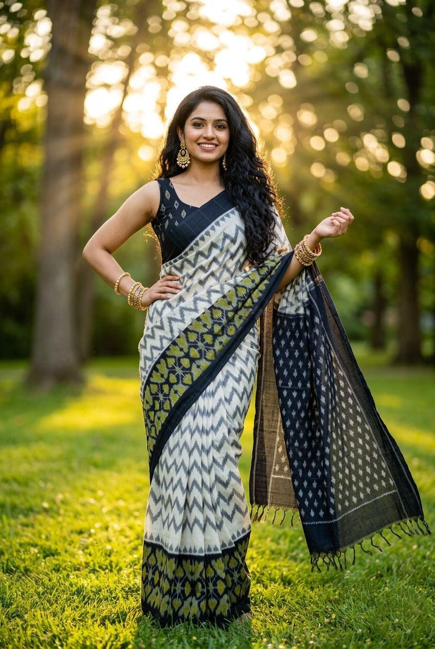 Black and White Chevron Linen Saree with Dark Border | Monochrome Ethnic Wear