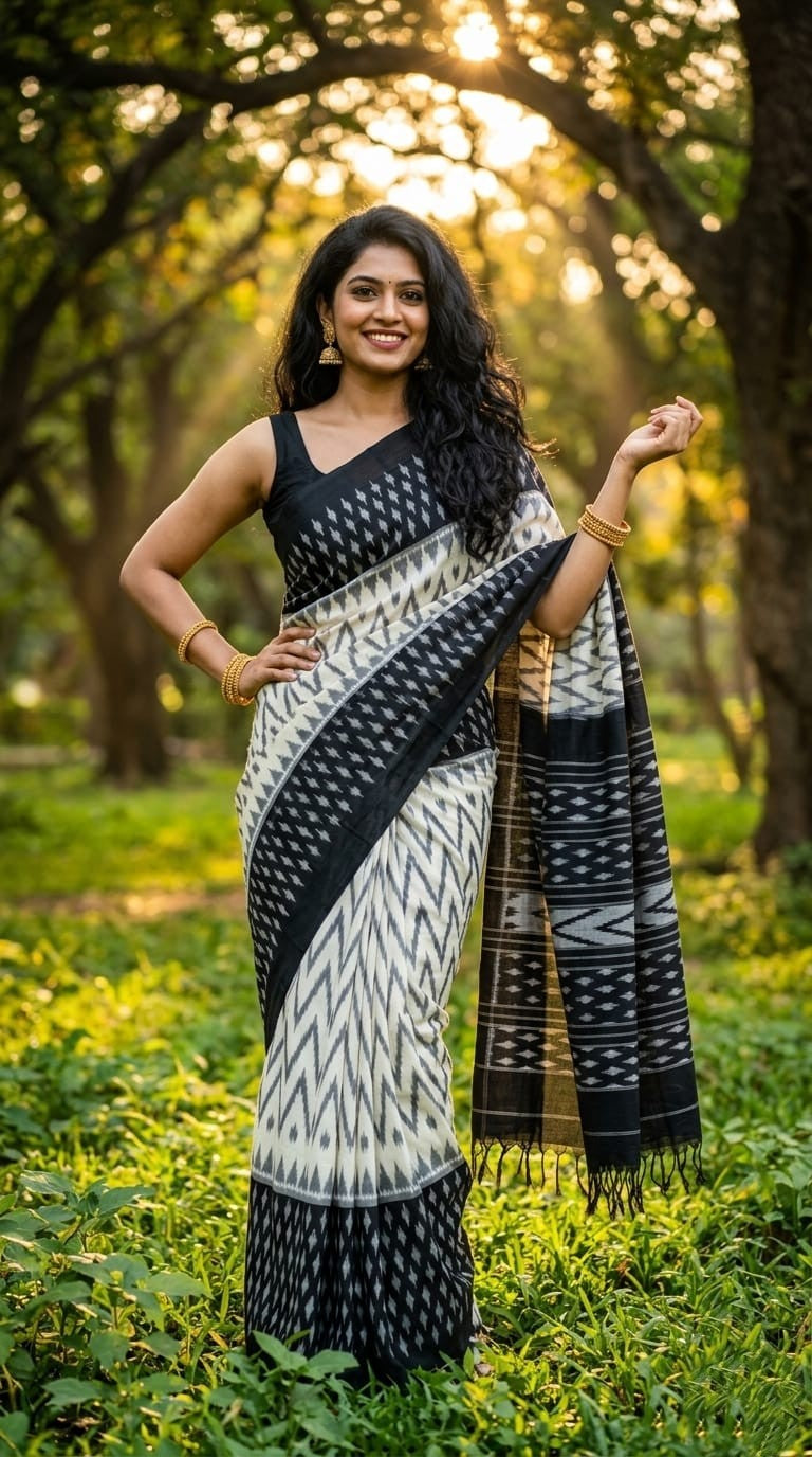 Black and White Ikat Linen Saree with Sheer Pallu | Lightweight Handloom