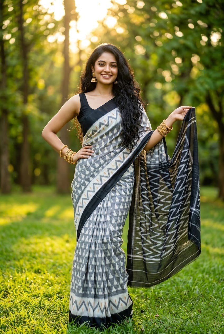 Black and White Zigzag Linen Saree with Contrast Pallu | Geometric Modern Saree