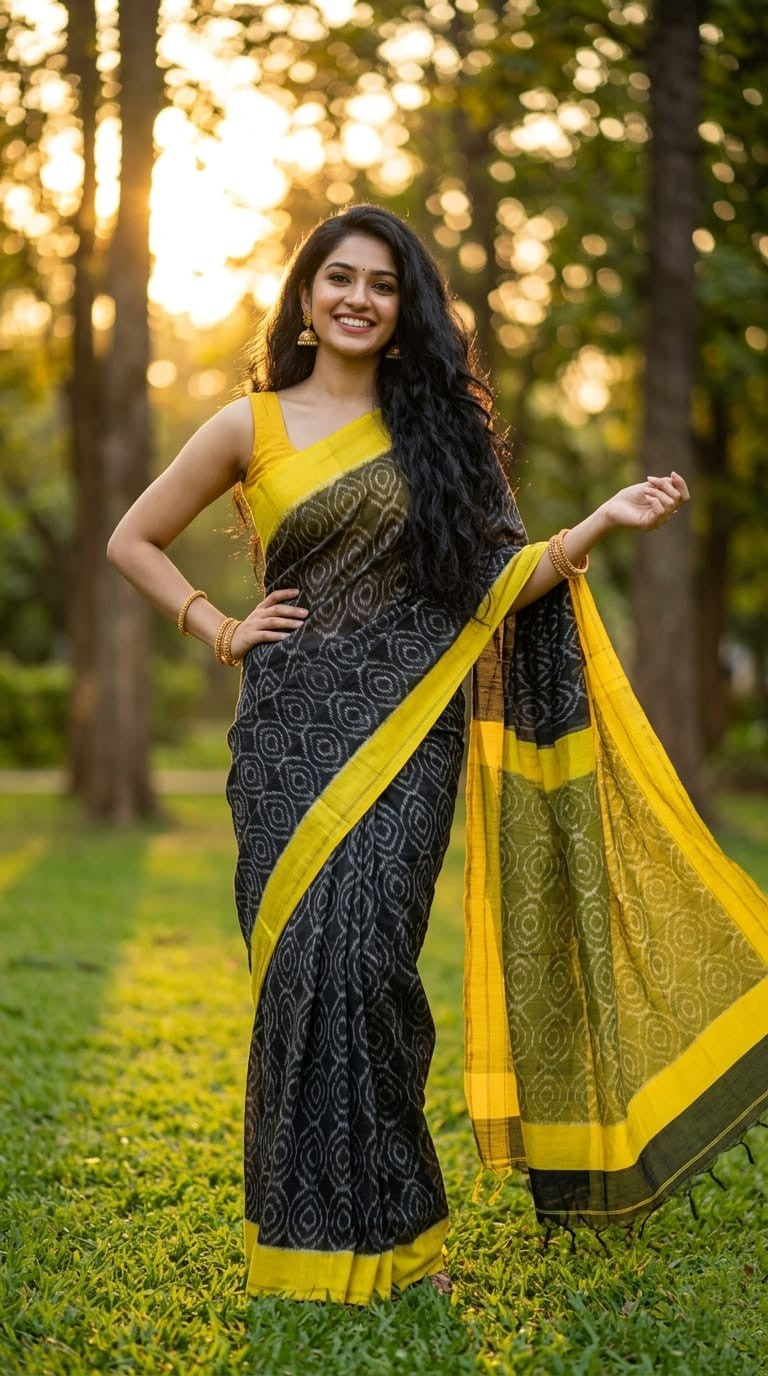 Black and Yellow Striped Linen Saree with Contrast Pallu | Lightweight Summer