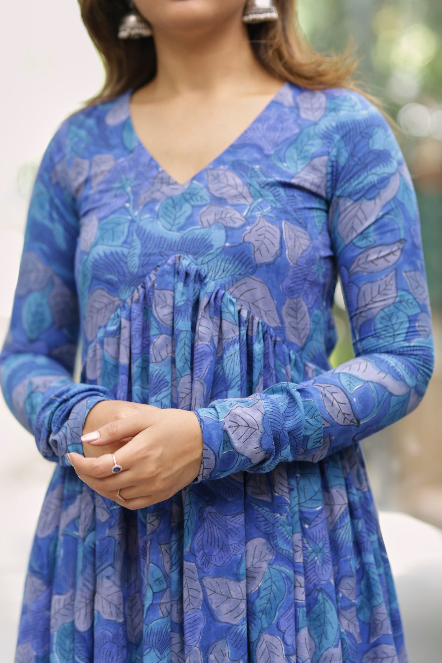Blue Printed Alia Cut Co-ord Set | Full Sleeve V Neck | Ethnic Fusion Wear