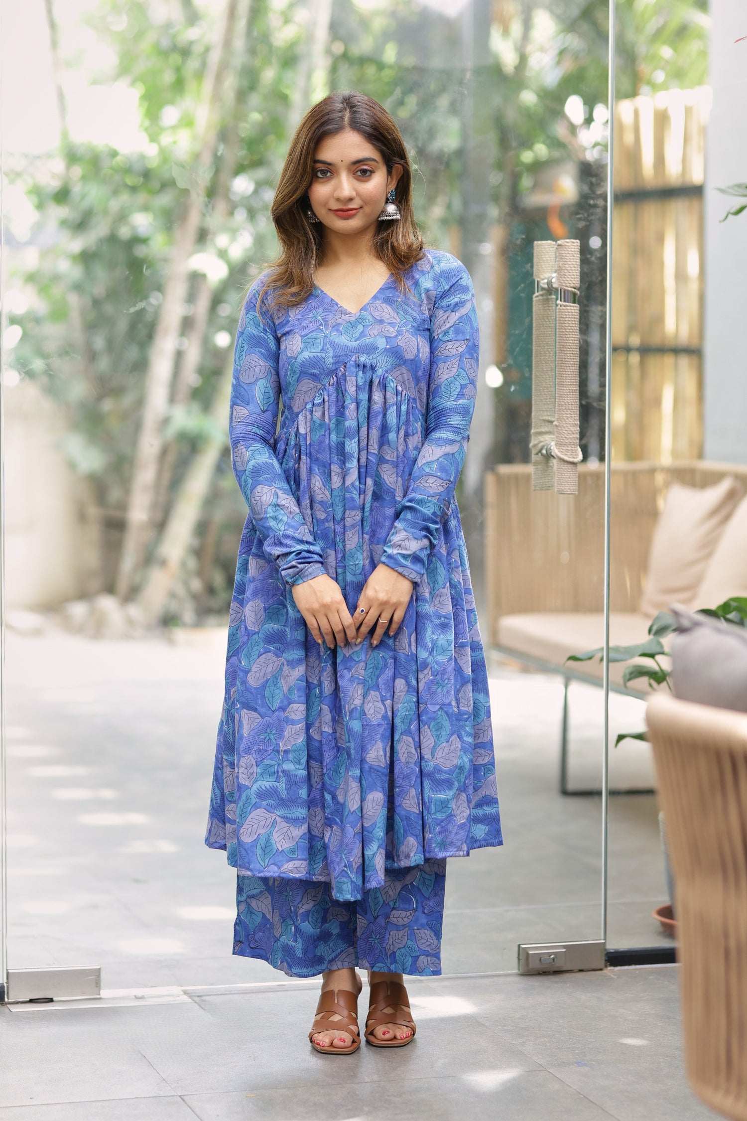 Blue Printed Alia Cut Co-ord Set | Full Sleeve V Neck | Ethnic Fusion Wear