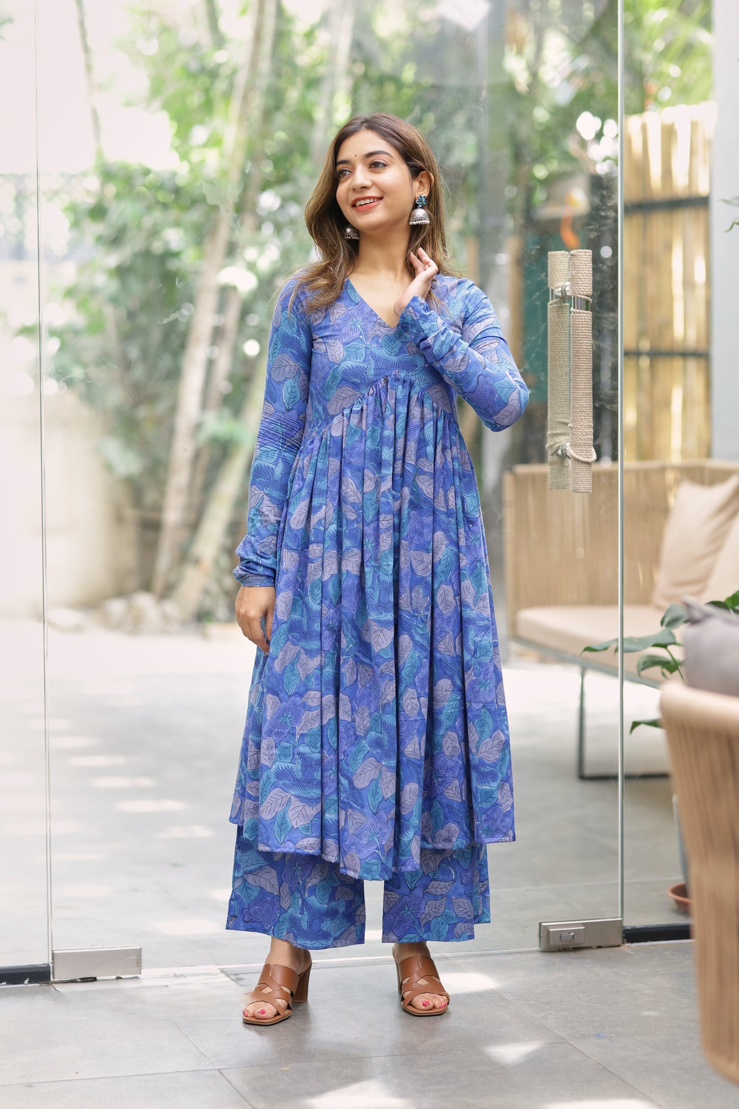 Blue Printed Alia Cut Co-ord Set | Full Sleeve V Neck | Ethnic Fusion Wear