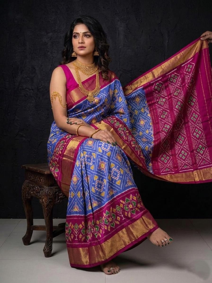 Blue Pink Premium Handloom Kotha Silk Saree