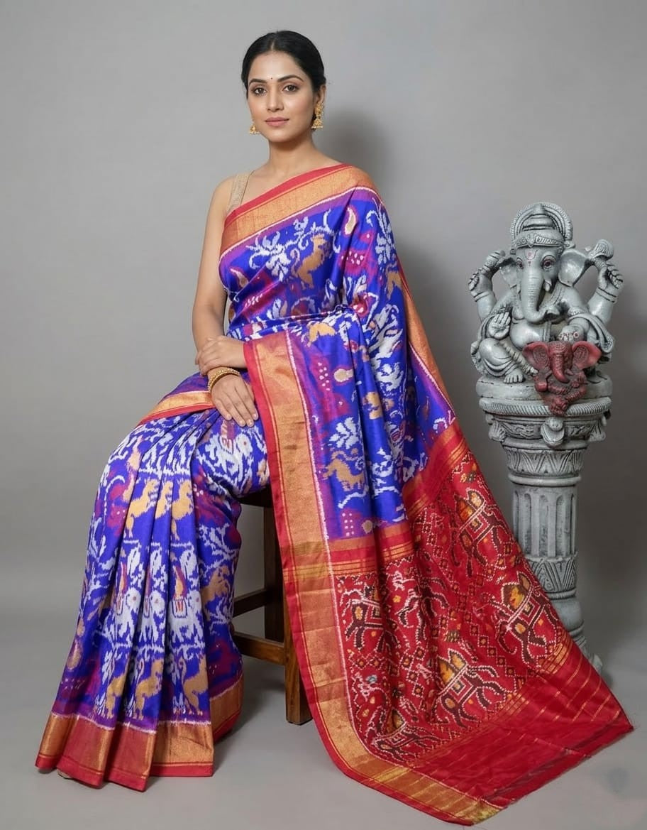Blue Red Premium Zari Handloom Kotha Silk Saree