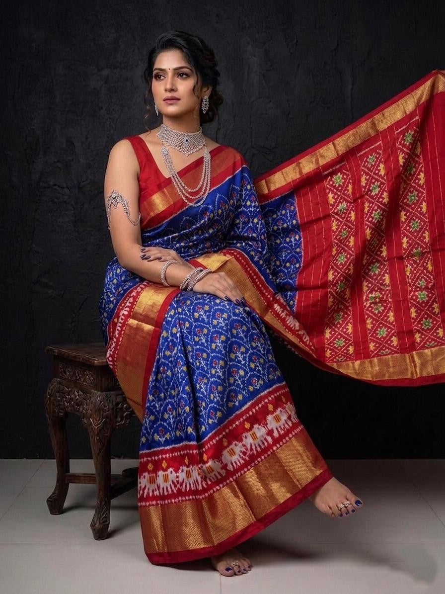 Blue Red Temple Border Handloom Kotha Silk Saree