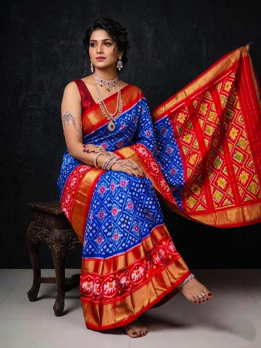 Blue Red Traditional Weaving Handloom Kotha Silk Saree